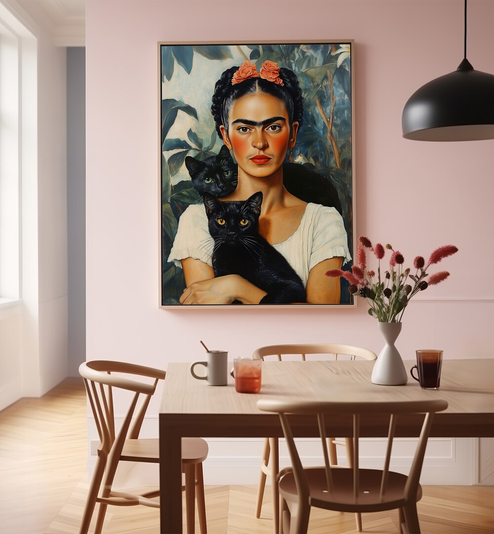 Whimsical FRIDA AND CATS, ALTERED ART PRINTS by Dikhotomy, featuring Frida Kahlo with her charming black cats.