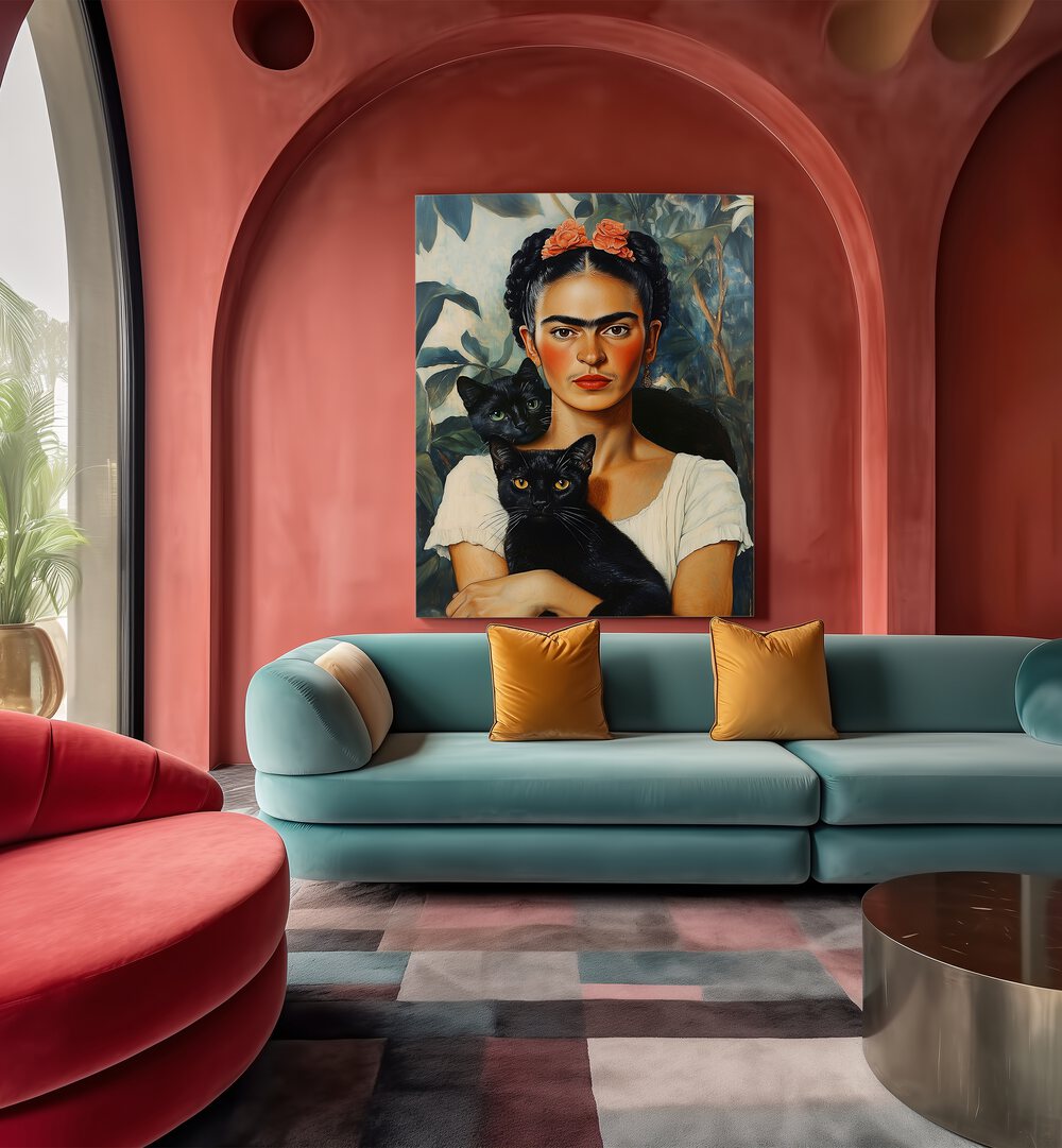 Frida and Cats, Altered Art Prints by Dikhotomy, showcase creativity with feline charm in a vibrant living space.