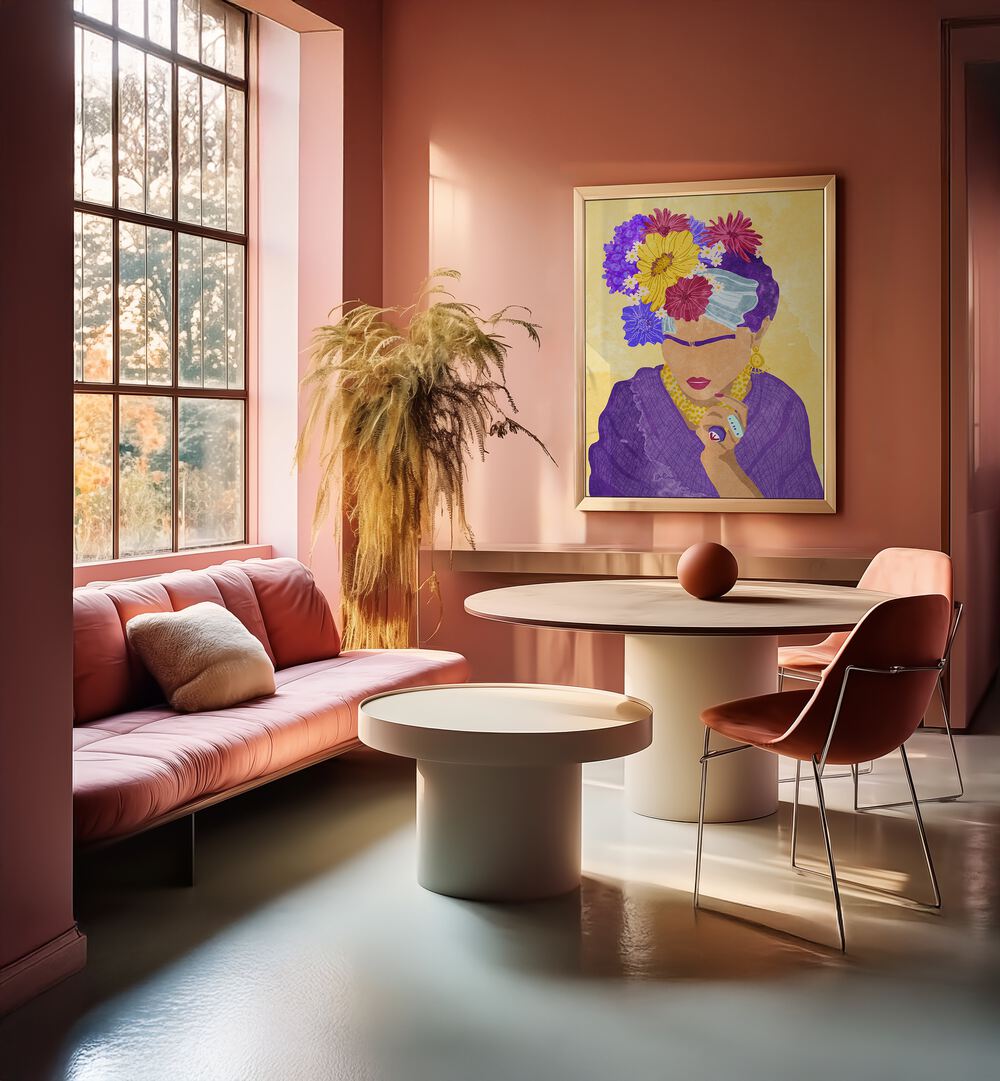 Colorful Frida and Flowers fashion poster enhancing a stylish pink living room, showcasing modern elegance and artistry.