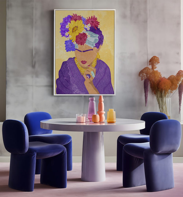 Colorful FRIDA AND FLOWERS, FASHION POSTERS artwork by Raissa Oltmanns enhances modern decor with vibrant elegance.