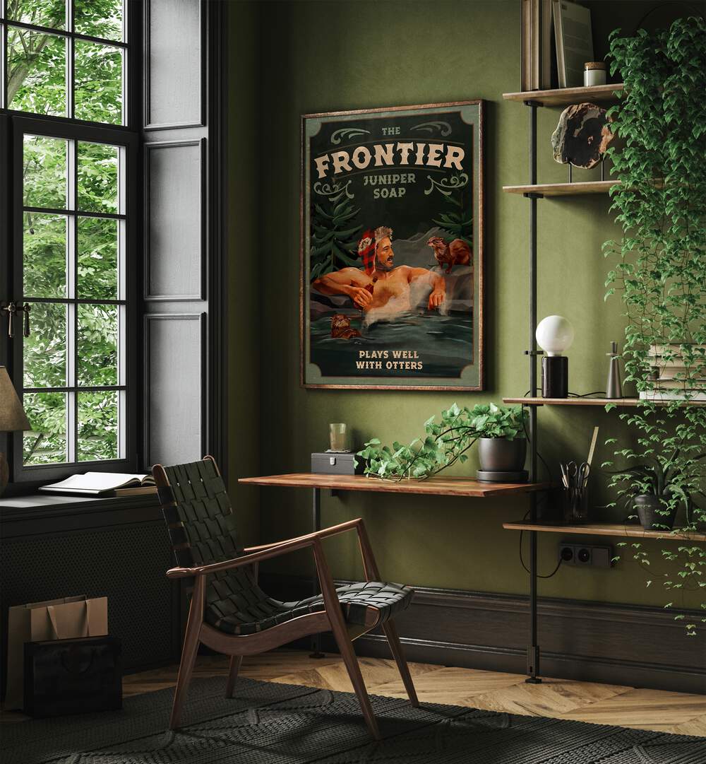 FRONTIER MAN WITH OTTERS, BAR art print adds a touch of nature to any café or home decor. Perfect for adventurous spaces!