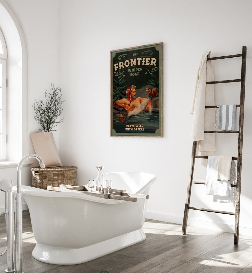 FRONTIER MAN WITH OTTERS, BAR wall art print adds a touch of adventure to any cafe or bar space. Perfect for decor!