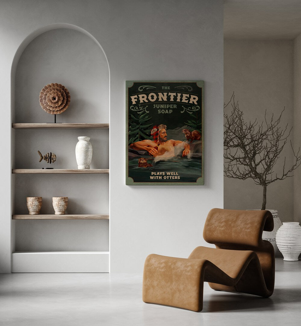 FRONTIER MAN WITH OTTERS, BAR wall art print brings rustic charm and adventure to your cafe or home decor.