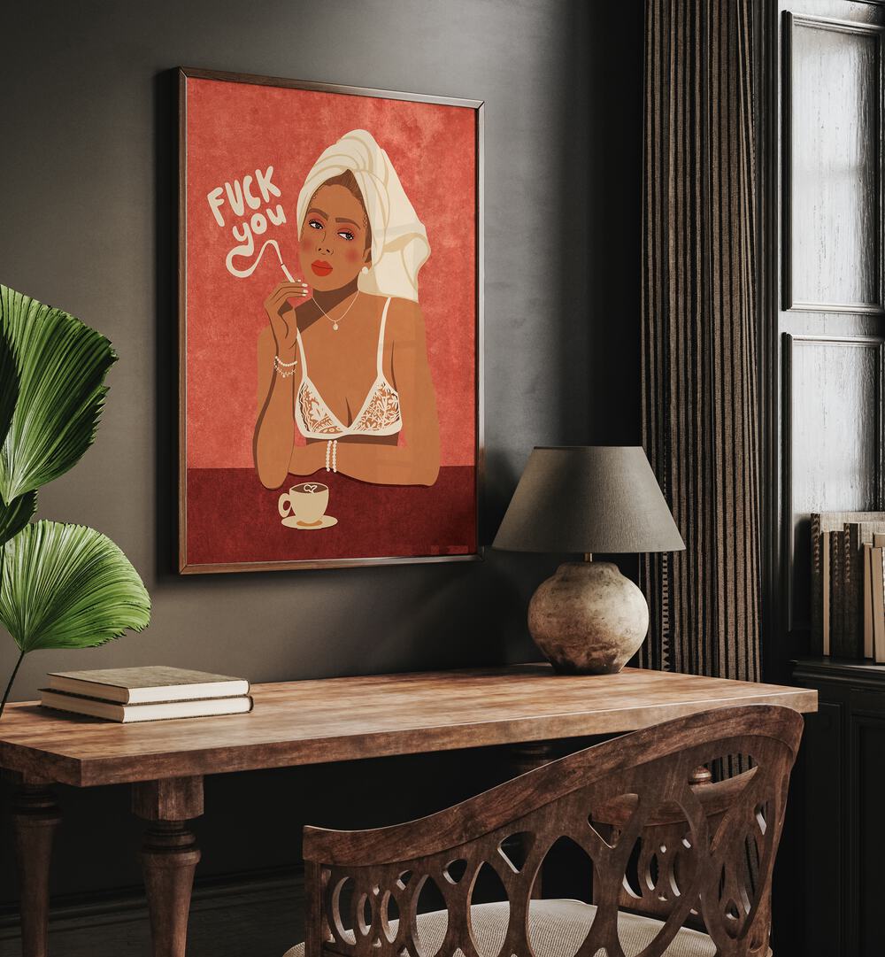 Bold pop art "FUCK YOU, FASHION POSTERS" by Raissa Oltmanns enhances modern decor with vibrant expression.