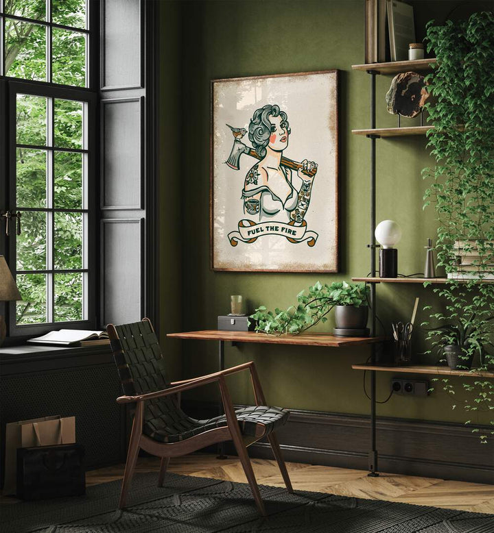 Stylish interior featuring "FUEL THE FIRE, PORTRAITS" illustration, adding creativity and inspiration to the space.