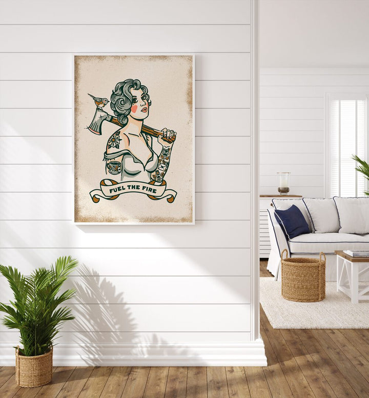 Stunning "FUEL THE FIRE, PORTRAITS" artwork featuring a strong woman with an axe, perfect for igniting inspiration.