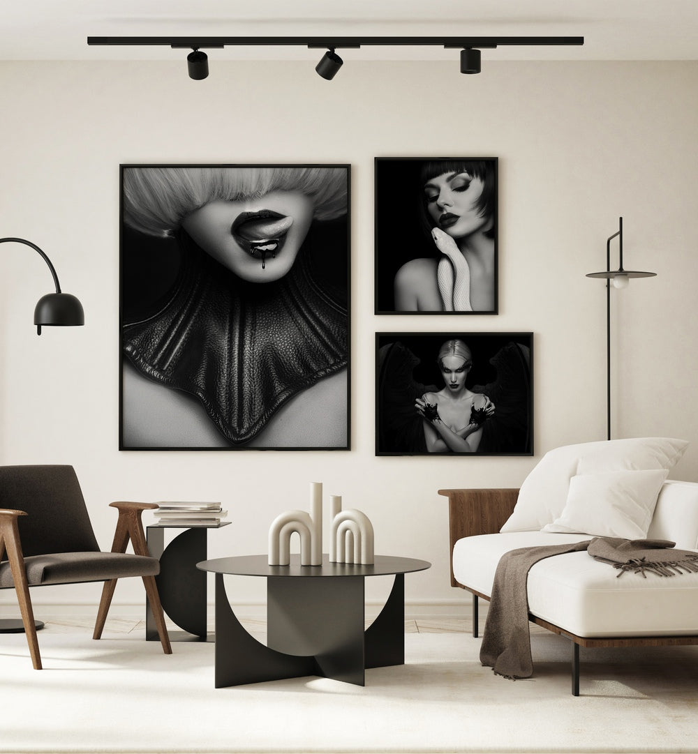 Stylish FUTURE NOIR GALLERY WALL at Asianmonk features striking black and white framed art prints for modern aesthetics.