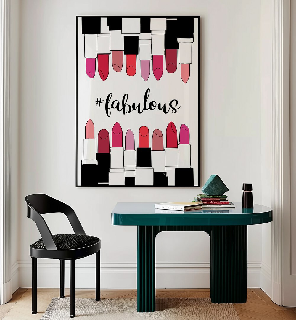 Stylish FABULOUS, FASHION POSTERS featuring vibrant lipsticks, perfect for adding flair to your space by Martina.