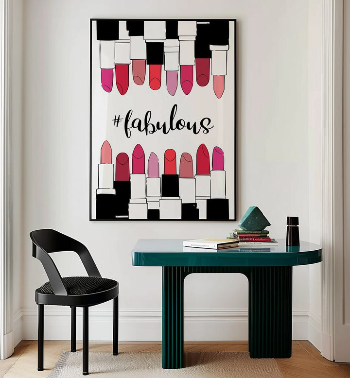 Stylish FABULOUS, FASHION POSTERS featuring vibrant lipsticks, perfect for adding flair to your space by Martina.
