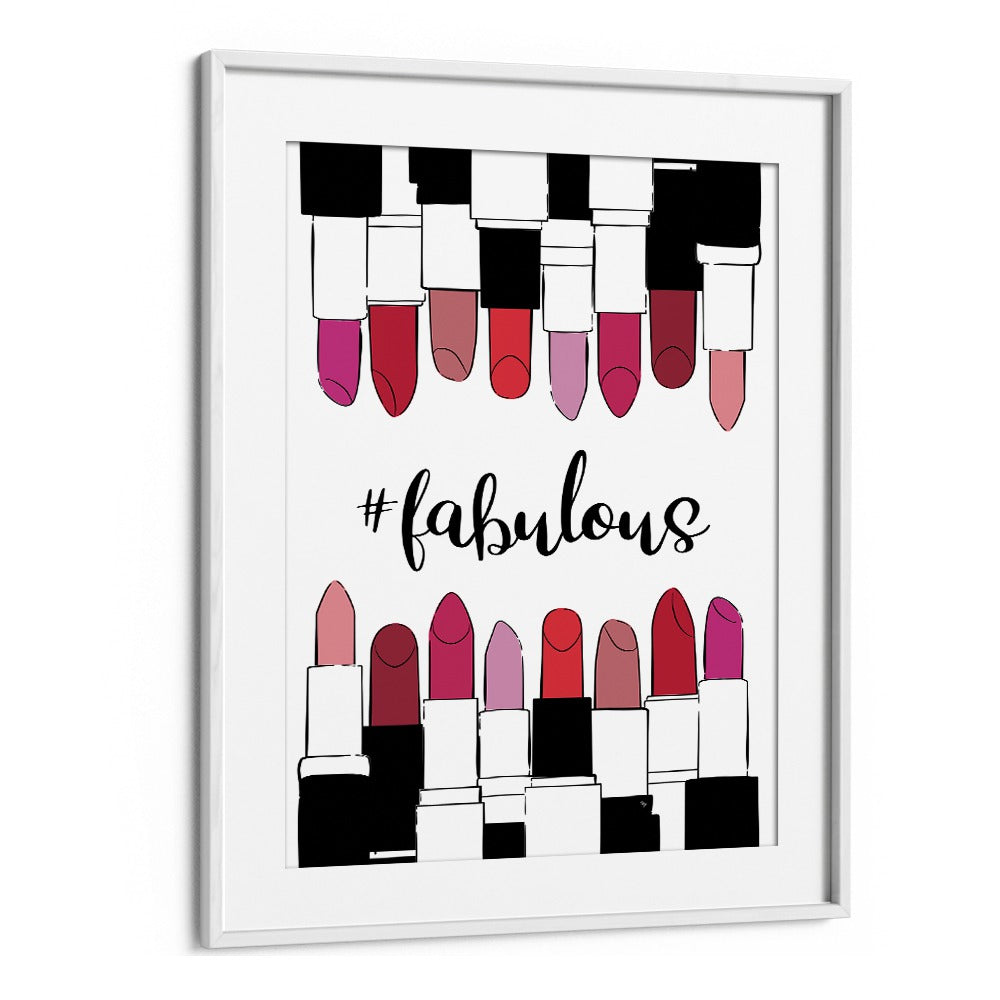 Stylishly framed FABULOUS, FASHION POSTERS featuring vibrant lipsticks, perfect for any chic space by Martina.