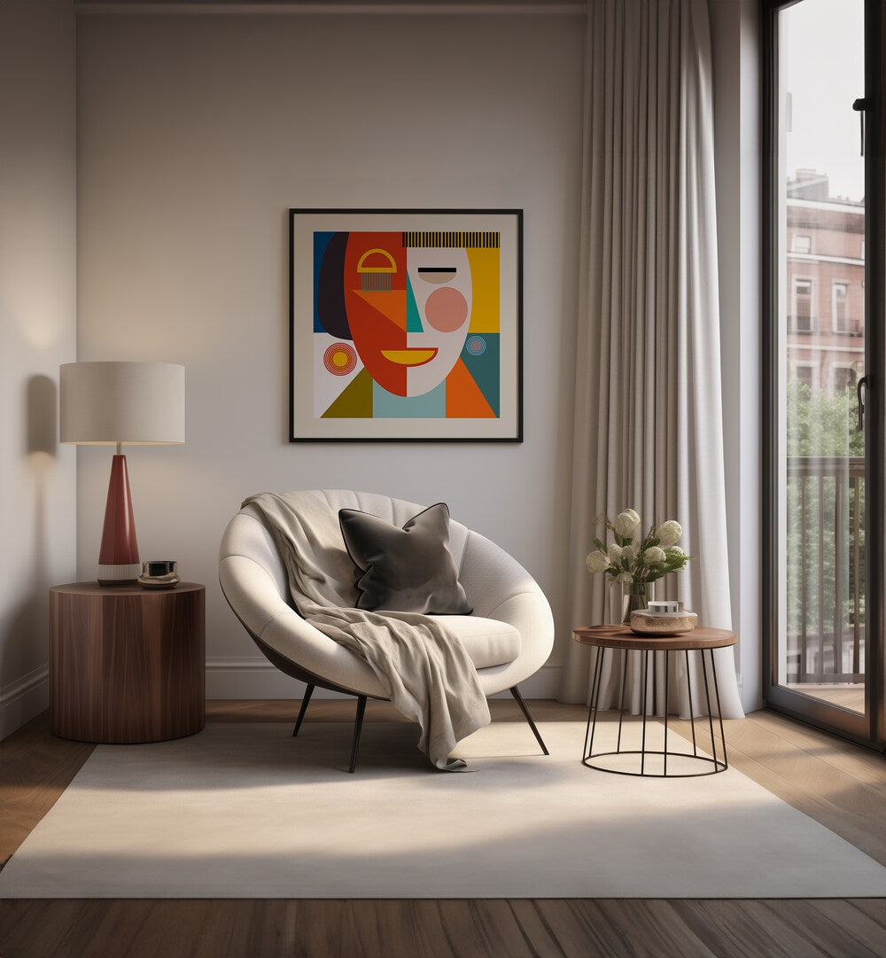 Stylish living room featuring FACE STRIPES MINIMAL KOPIE, ABSTRACT PAINTINGS by Ana Rut Bre, enhancing modern decor.