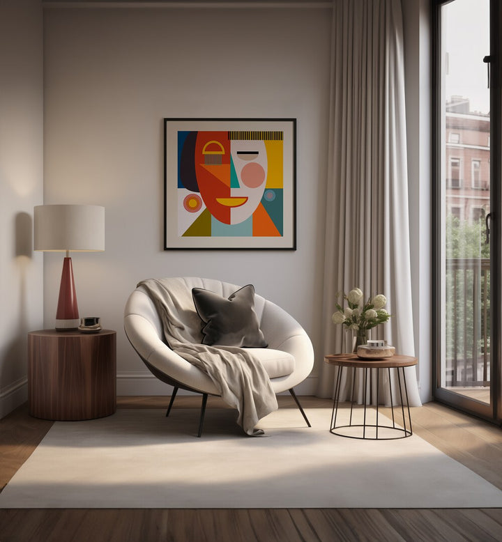 Stylish living room featuring FACE STRIPES MINIMAL KOPIE, ABSTRACT PAINTINGS by Ana Rut Bre, enhancing modern decor.