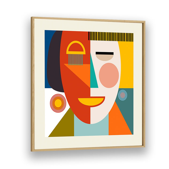 Colorful abstract art titled FACE STRIPES MINIMAL KOPIE, showcasing modern design by Ana Rut Bre in a wooden frame.