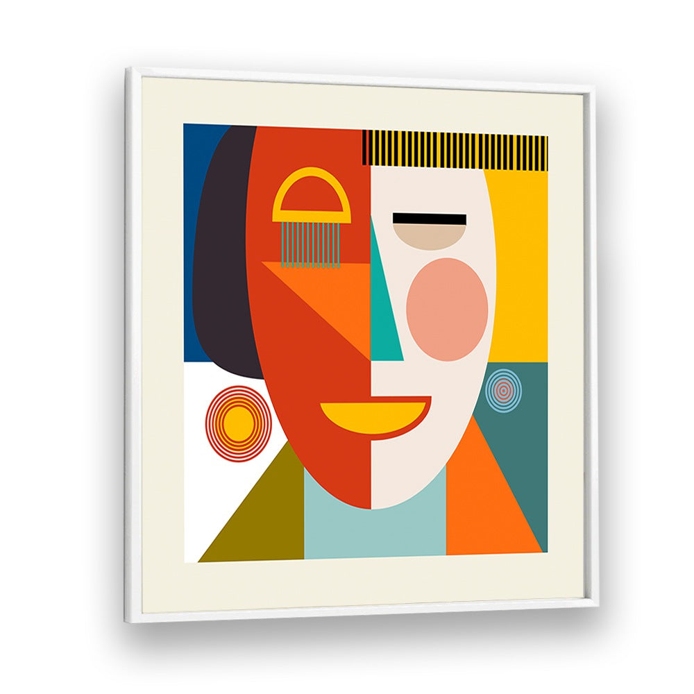 Colorful geometric design of FACE STRIPES MINIMAL KOPIE, ABSTRACT PAINTINGS by Ana Rut Bre in a sleek white frame.