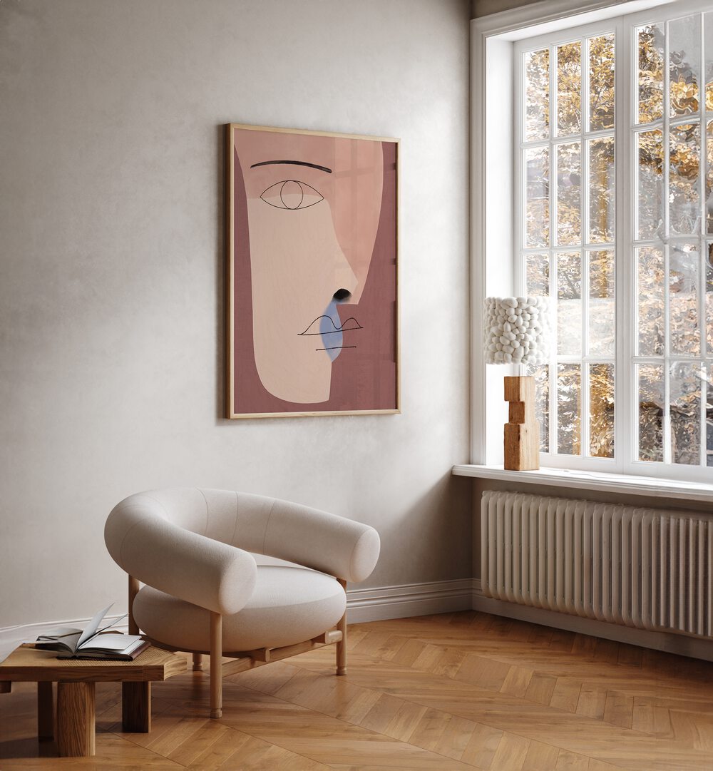 Stylish living room featuring FACE ME, BOHO ART PAINTINGS, enhancing decor with modern artistic flair.