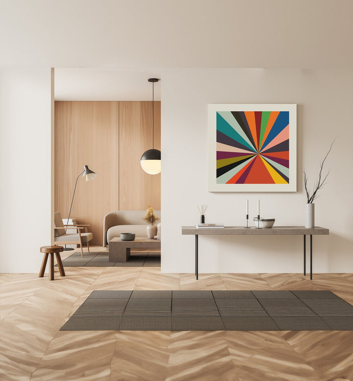 Bright and vibrant FACES STRIPES MINIMAL, ABSTRACT PAINTINGS by Ana Rut Bre enhance modern interiors with artistic flair.