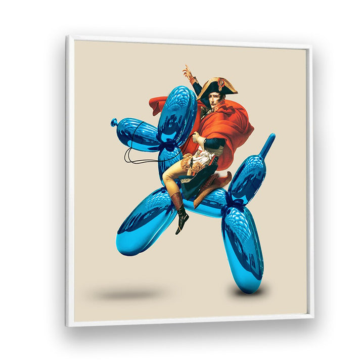 Transform your space with FAKE CONQUEROR, ALTERED ART PRINTS in a sleek white frame, showcasing unique creativity.
