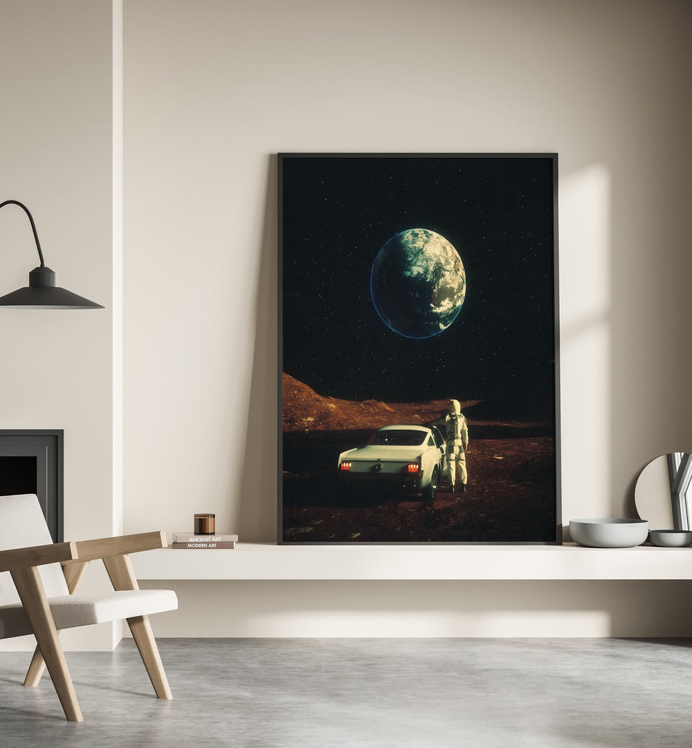 "FAR FROM HOME, SURREAL ART PRINTS by Taudalpoi showcases a cosmic scene with an astronaut and vintage car."