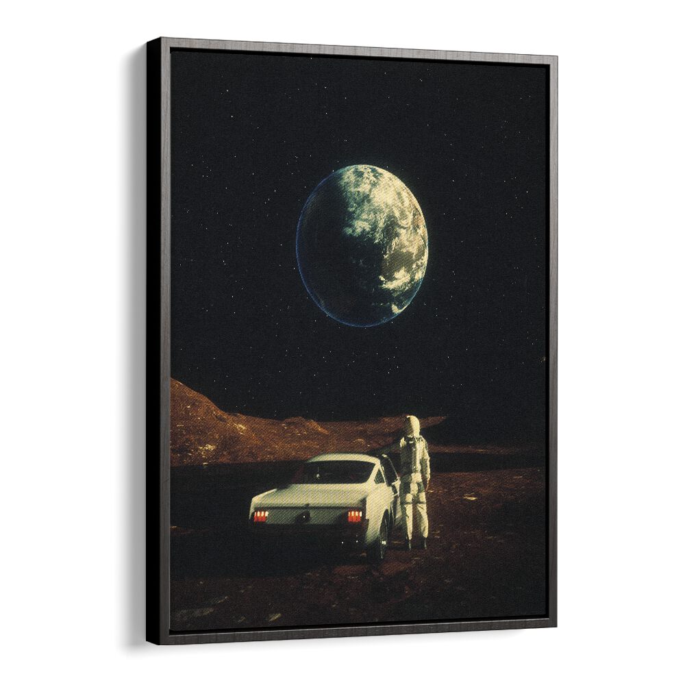"FAR FROM HOME, SURREAL ART PRINTS showcase a stunning astronaut scene with Earth in the background, perfect for any space lover."