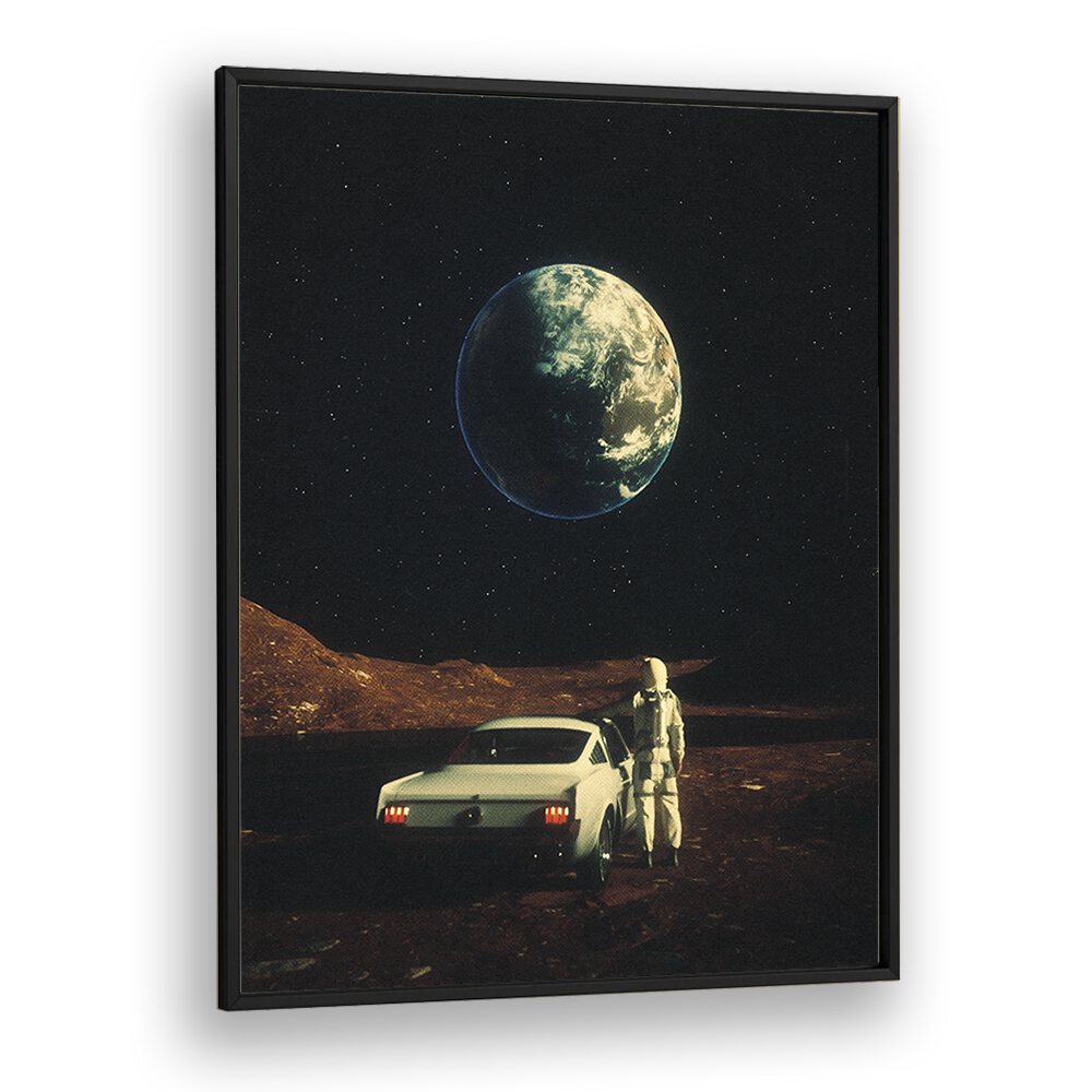 "FAR FROM HOME, SURREAL ART PRINTS feature a stunning astronaut with a vintage car against a cosmic backdrop by Taudalpoi."