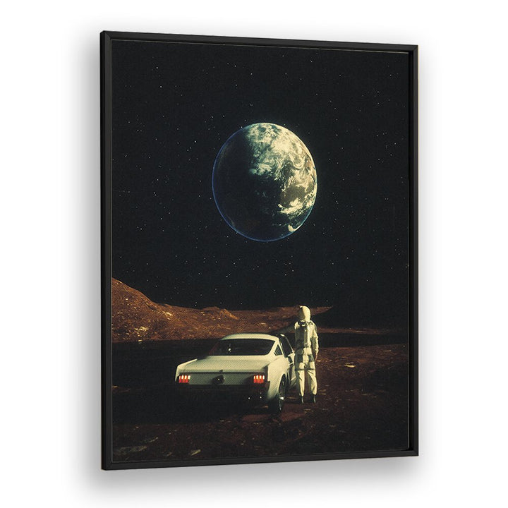 "FAR FROM HOME, SURREAL ART PRINTS feature a stunning astronaut with a vintage car against a cosmic backdrop by Taudalpoi."