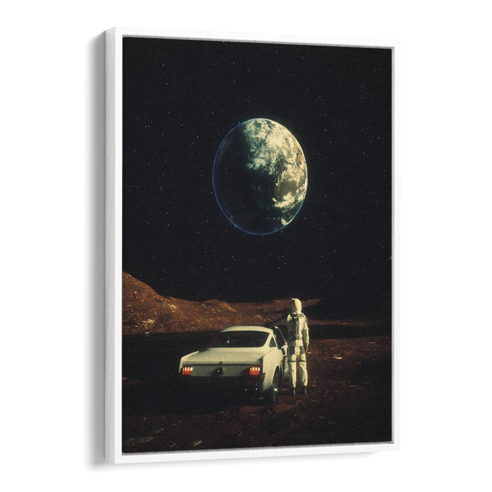 Captivating "Far From Home, Surreal Art Prints" artwork featuring an astronaut and vintage car against a cosmic backdrop.