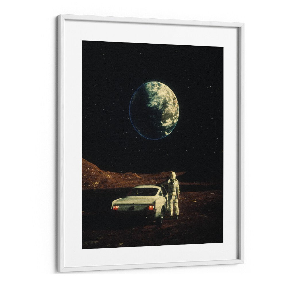 "FAR FROM HOME, SURREAL ART PRINTS showcase a stunning astronaut scene with Earth, perfect for any art lover's space."