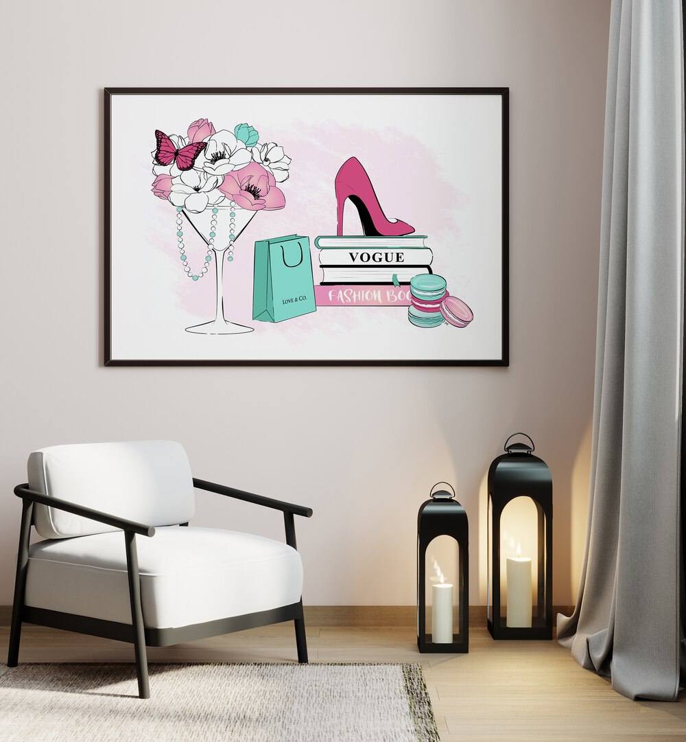 Stylish FASHION SCENE, FASHION POSTERS by Martina featuring elegant shoes, flowers, and fashion books for chic decor.