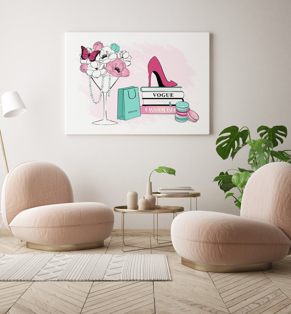 Stylish FASHION SCENE with pink heels, flowers, and fashion books; perfect for chic decor in FASHION POSTERS collection.