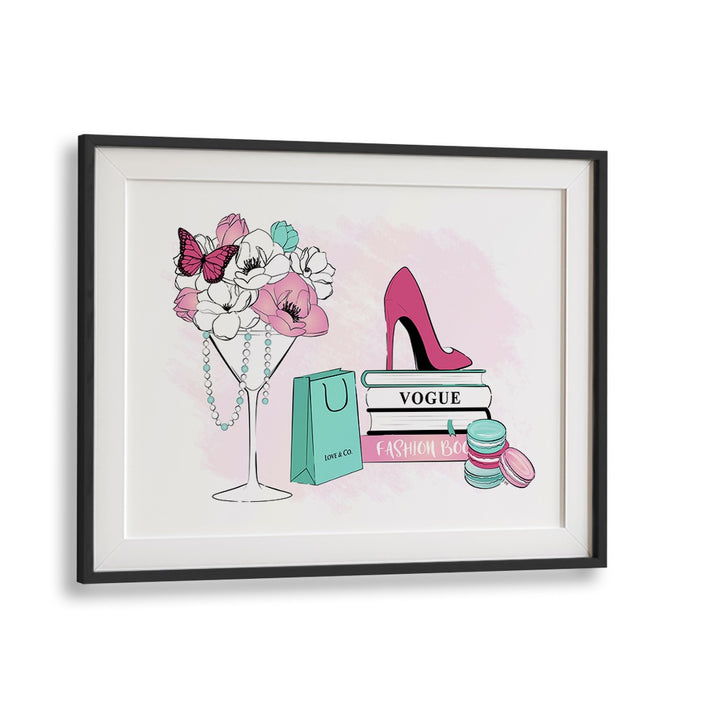 Stylish FASHION SCENE, FASHION POSTERS by Martina, featuring chic high heels and fashion books in a modern frame.