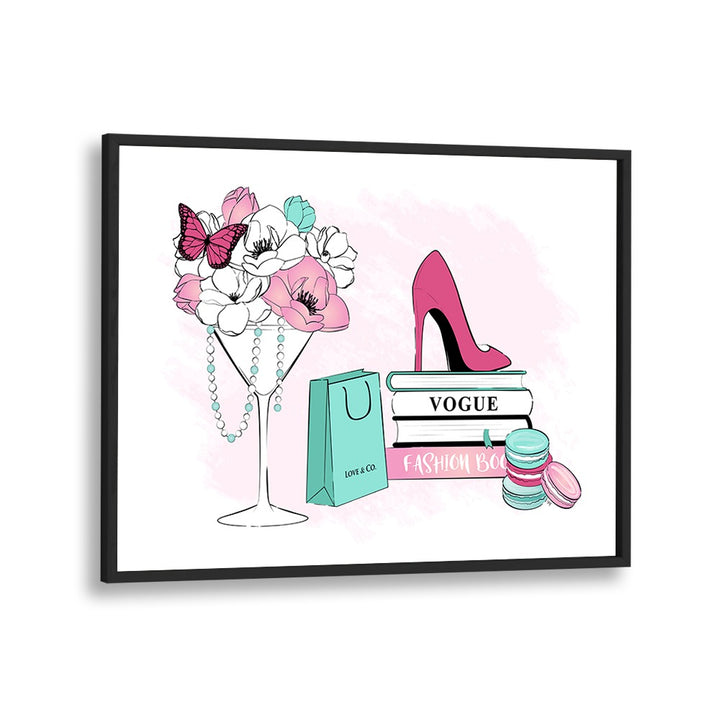 Vibrant FASHION SCENE with stylish heels, flowers, and books, perfect for FASHION POSTERS enthusiasts. Elevate your decor!
