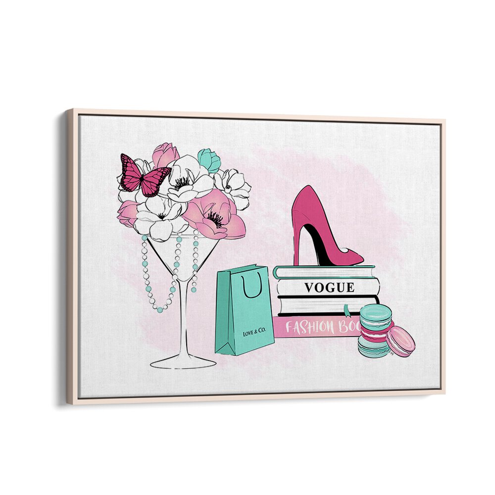 Stylish FASHION SCENE featuring vibrant flowers, high heels, and fashion books, perfect as FASHION POSTERS for your decor.