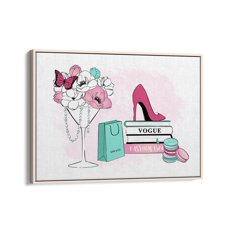 Stylish FASHION SCENE featuring vibrant flowers, high heels, and fashion books, perfect as FASHION POSTERS for your decor.