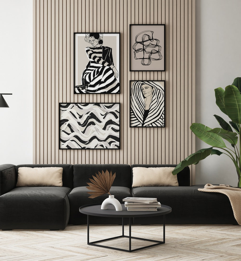 FEMININE STRIPES GALLERY WALL by Asian Monk: a chic collection of abstract black and white prints for stylish gallery walls.