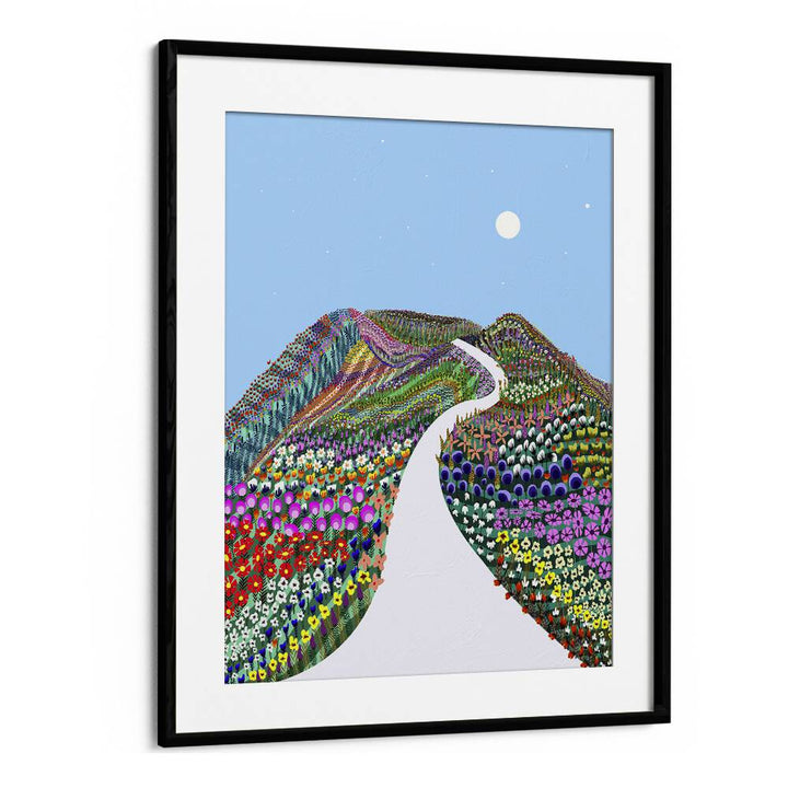 Vibrant landscape painting "First Blossom" by Uma Gokhale, showcasing nature's beauty in colorful blooms.