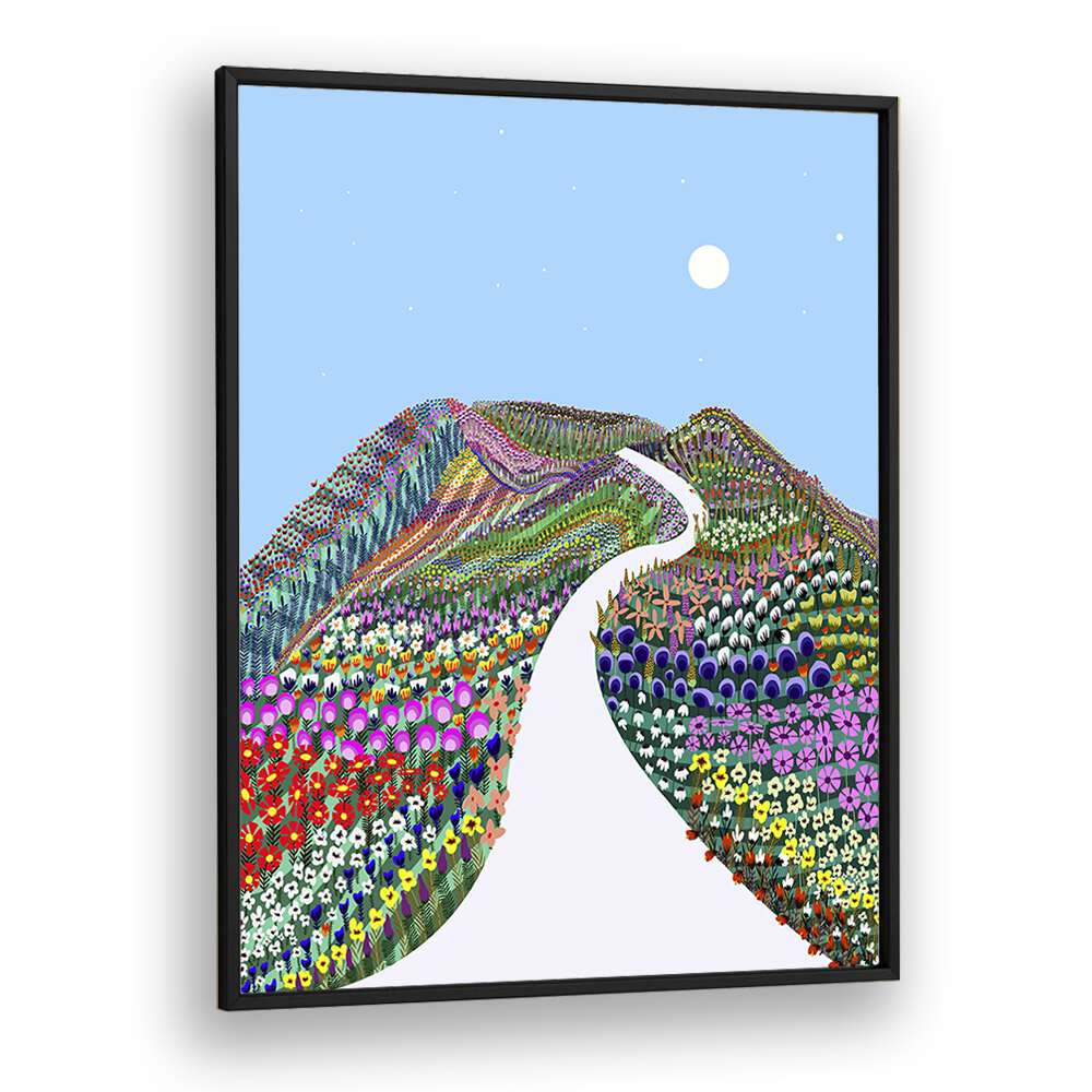 "FIRST BLOSSOM, LANDSCAPE PAINTINGS showcases vibrant flowers and serene hills, capturing nature's beauty by Uma Gokhale."