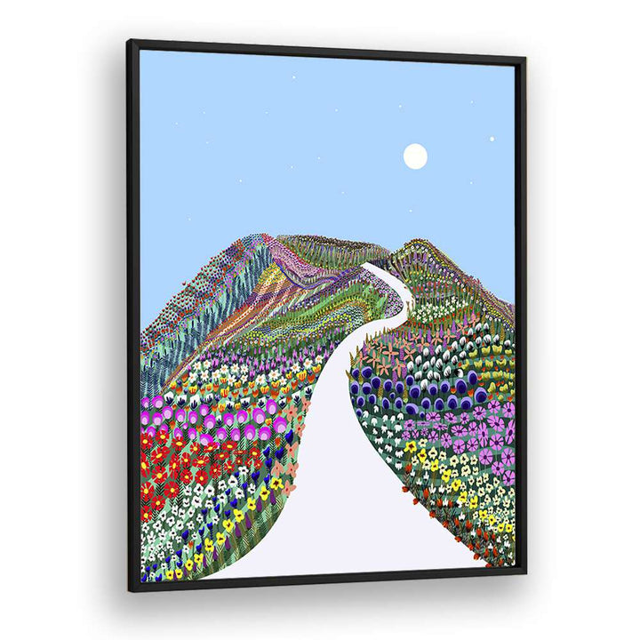 "FIRST BLOSSOM, LANDSCAPE PAINTINGS showcases vibrant flowers and serene hills, capturing nature's beauty by Uma Gokhale."