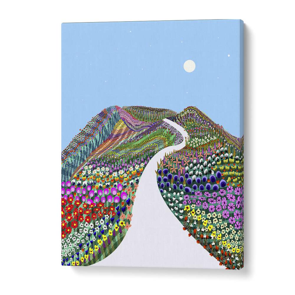 Vibrant FIRST BLOSSOM, LANDSCAPE PAINTINGS by Uma Gokhale, showcasing a colorful floral pathway and serene hills.