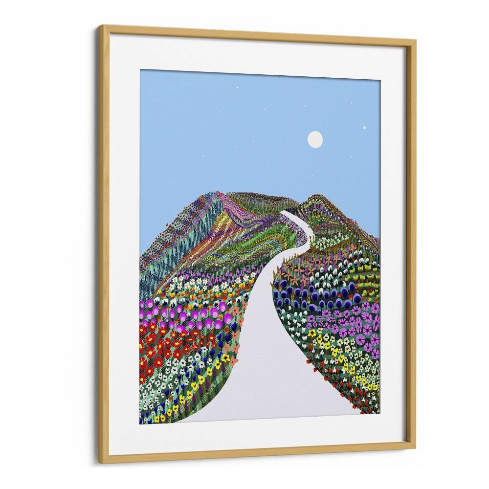 Stunning FIRST BLOSSOM, LANDSCAPE PAINTINGS by Uma Gokhale, featuring vibrant flowers and a winding path in nature.