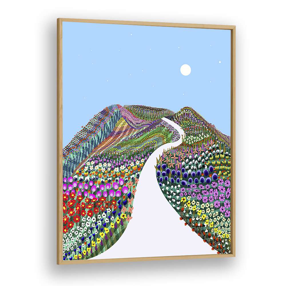 Vibrant FIRST BLOSSOM, LANDSCAPE PAINTINGS by Uma Gokhale showcase nature's beauty in a stunning framed print.