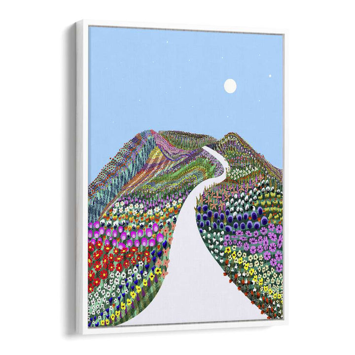 Vibrant FIRST BLOSSOM, LANDSCAPE PAINTINGS by Uma Gokhale showcase a colorful floral landscape under a blue sky.