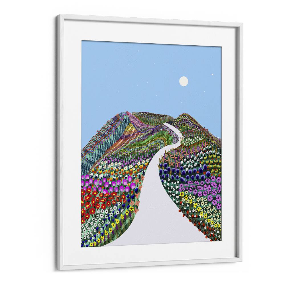 Vibrant landscape painting "First Blossom" by Uma Gokhale, showcasing nature's beauty in bright colors. Perfect for decor.
