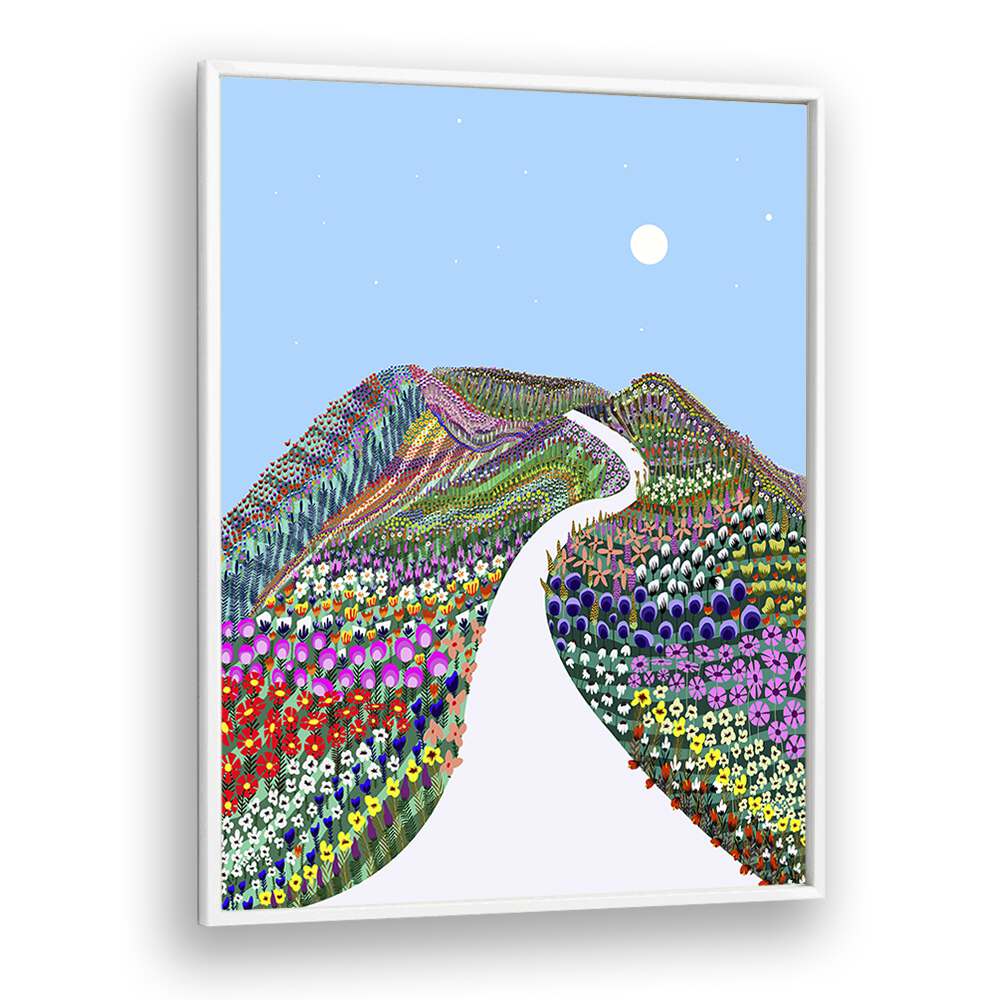 Vibrant hills and colorful flowers in "First Blossom," a stunning landscape painting by Uma Gokhale.