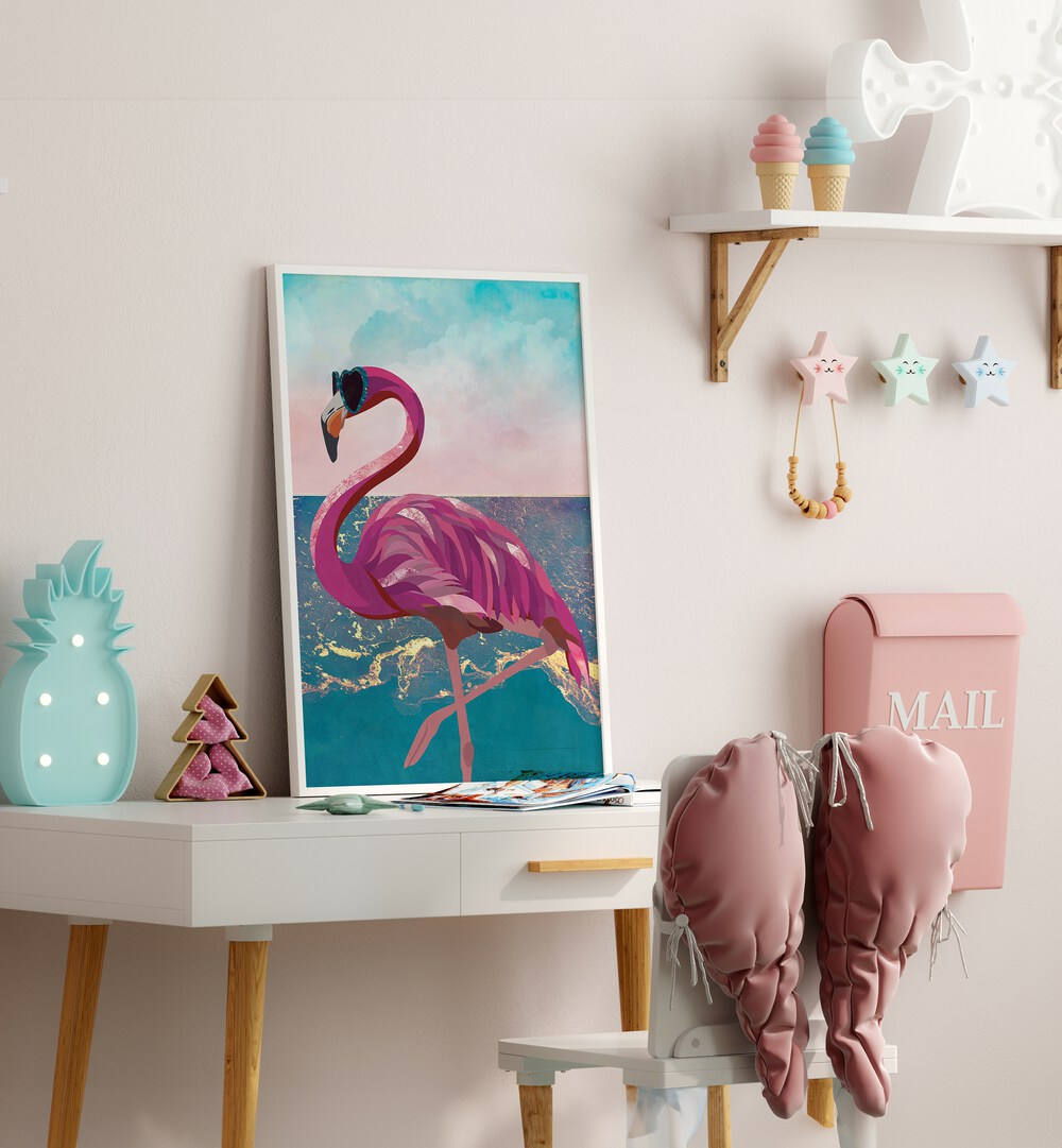 Vibrant "Flamingo Goes to the Beach, Animal Paintings" artwork by Sarah Manovski, perfect for brightening your space.