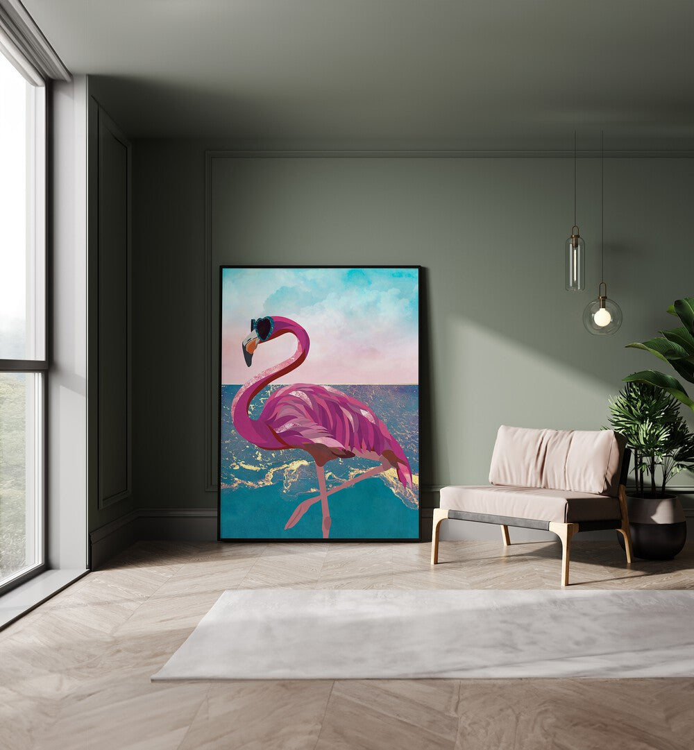 Bright pink flamingo by the beach in "FLAMINGO GOES TO THE BEACH, ANIMAL PAINTINGS" by Sarah Manovski. Perfect for home decor.