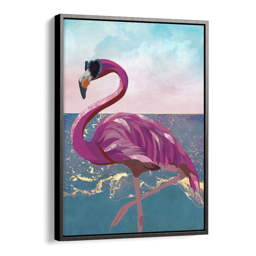 Vibrant flamingo in sunglasses against a beach backdrop, showcasing "FLAMINGO GOES TO THE BEACH, ANIMAL PAINTINGS."