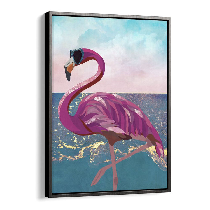 Vibrant flamingo in sunglasses against a beach backdrop, showcasing "FLAMINGO GOES TO THE BEACH, ANIMAL PAINTINGS."