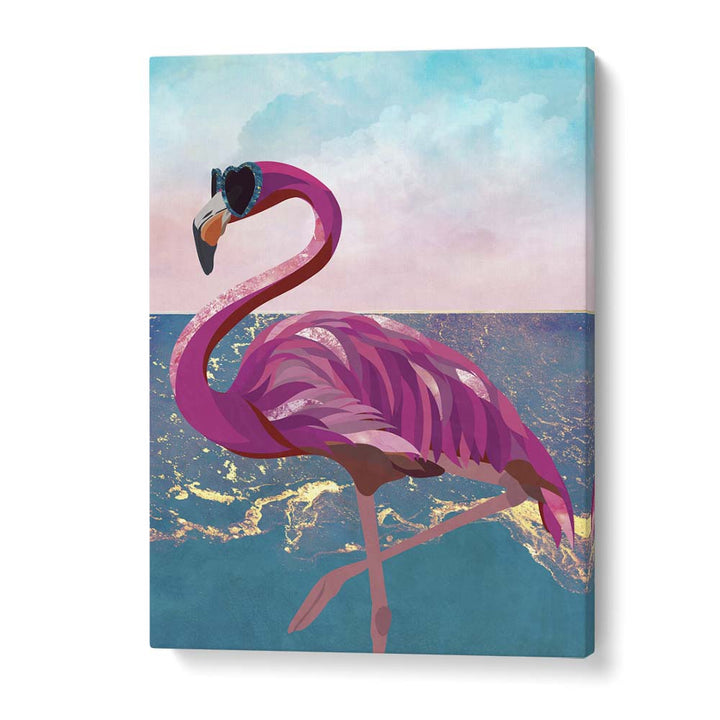 Vibrant flamingo wading in the waves, capturing the essence of FLAMINGO GOES TO THE BEACH, ANIMAL PAINTINGS by Sarah Manovski.