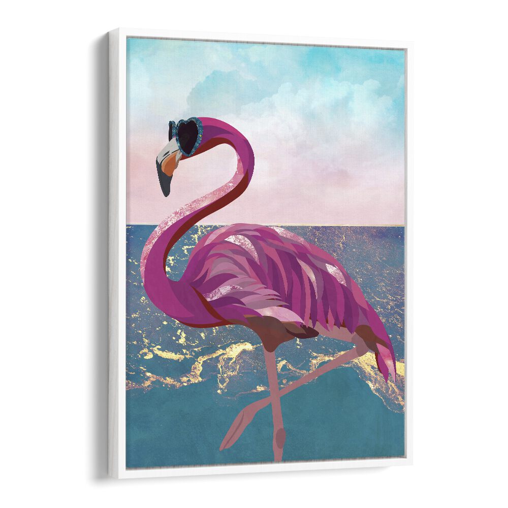 Vibrant "Flamingo Goes to the Beach" animal painting by Sarah Manovski brings sunny beach vibes to your home.