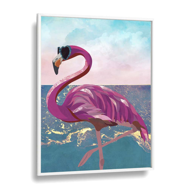 Whimsical flamingo in sunglasses by Sarah Manovski, showcasing "FLAMINGO GOES TO THE BEACH, ANIMAL PAINTINGS."